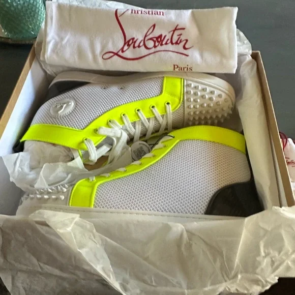 Christian Louboutin White and Neon Yellow Sneakers Brand New